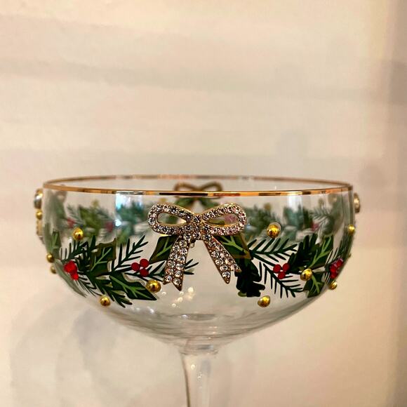 Christmas COUPE GLASSES Hand Painted & Jeweled Gold Bows Holly Garland Set of 2 - Picture 3 of 13